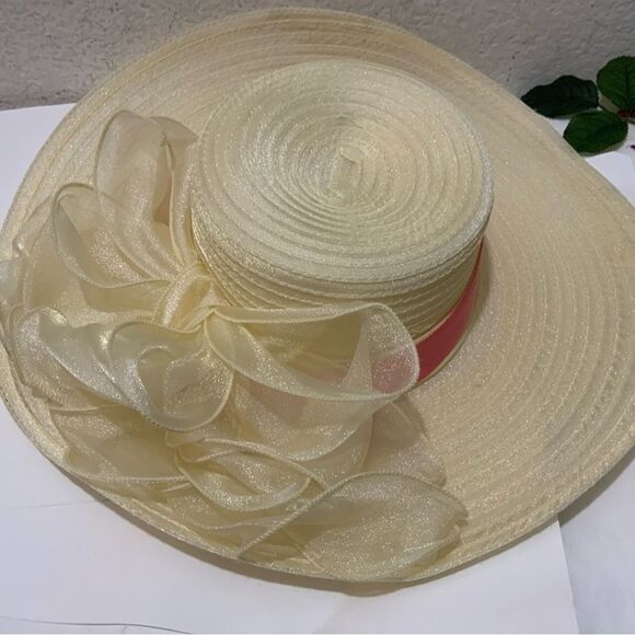 FORBUSITE Yellow and pink ribbon Lady Dress Hat Straw - Picture 2 of 8